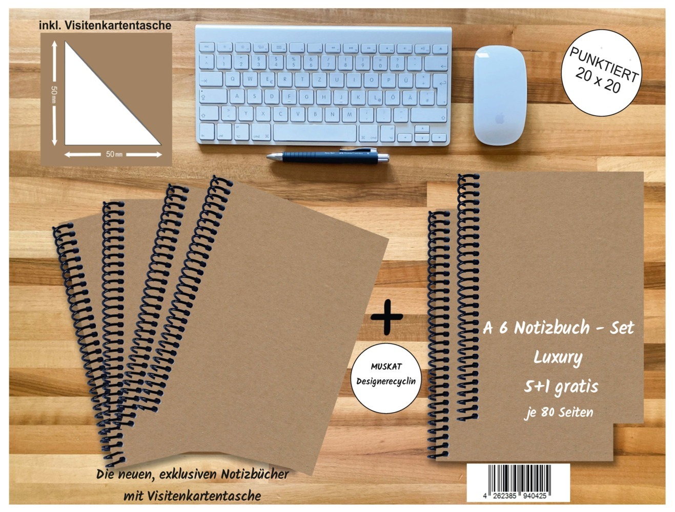 A 6 Notizbuch - Set 4+2 gratis Luxury 80 Seiten MUSKAT Designerecycling punktiert 20x20mm