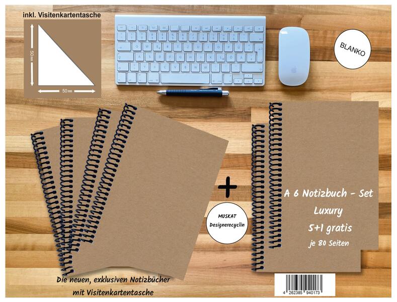 A 6 Notizbuch - Set 4+2 gratis Luxury 80 Seiten MUSKAT Designerecycling blanko