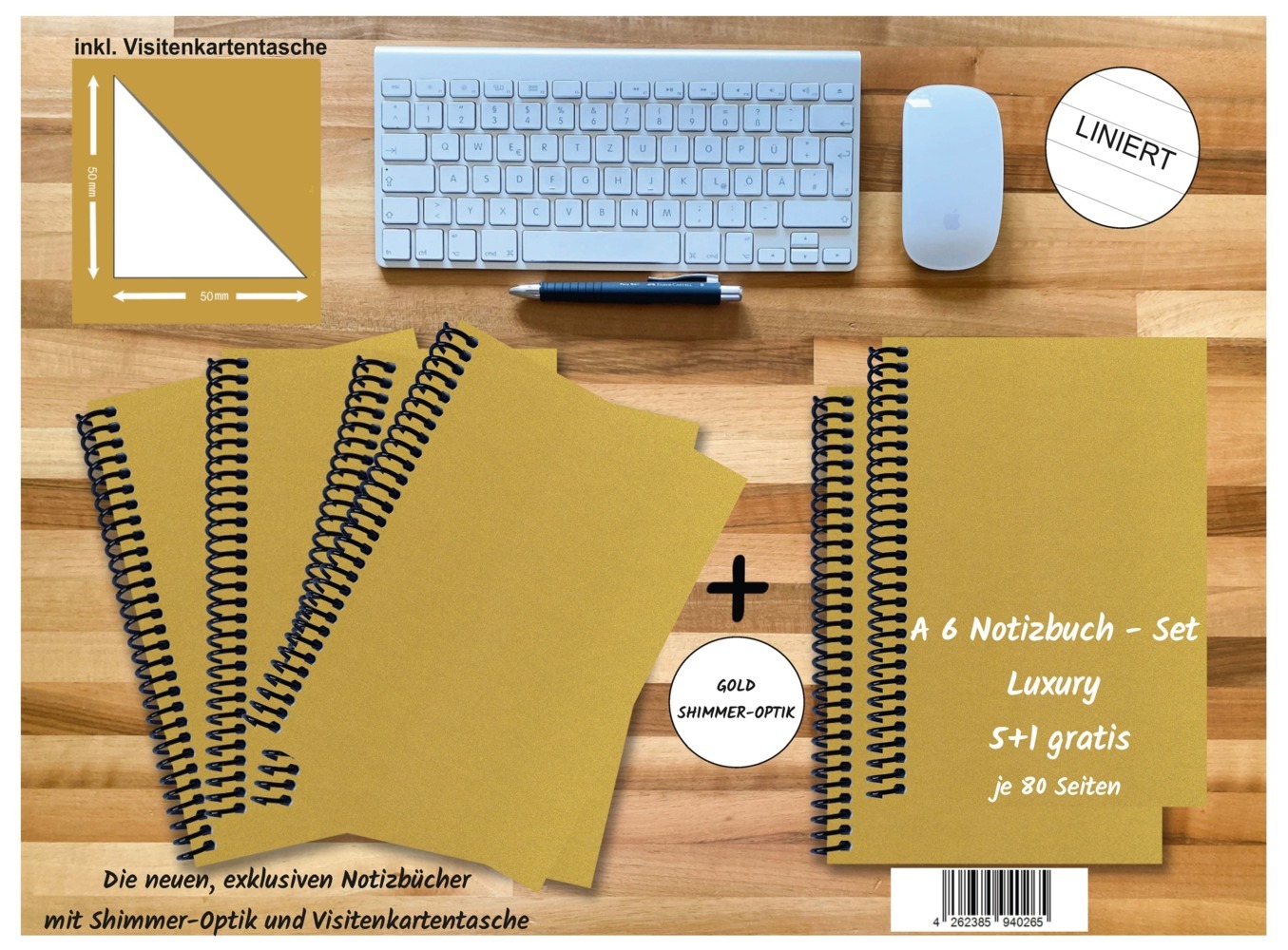 A 6 Notizbuch - Set 4+2 gratis Luxury 80 Seiten GOLD GMUND SHIMMER liniert