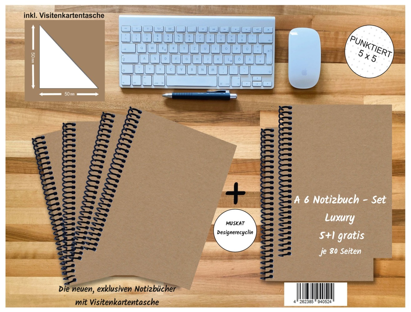 A 6 Notizbuch - Set 4+2 gratis Luxury 80 Seiten MUSKAT Designerecycling punktiert 5x5mm
