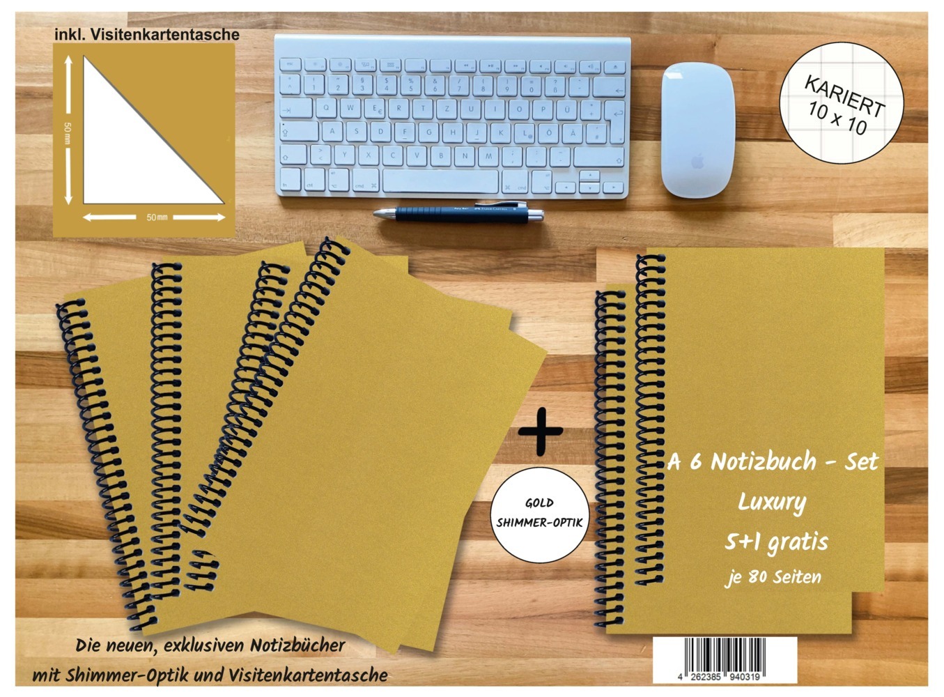 A 6 Notizbuch - Set 4+2 gratis Luxury 80 Seiten GOLD GMUND SHIMMER kariert 10x10mm