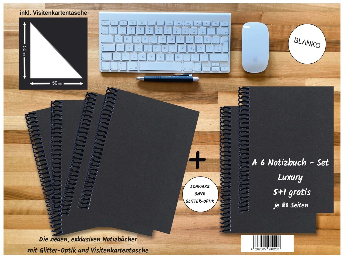 A 6 Notizbuch - Set 4+2 gratis Luxury 80 Seiten SCHWARZ ONYX GLITTER-OPTIK blanko