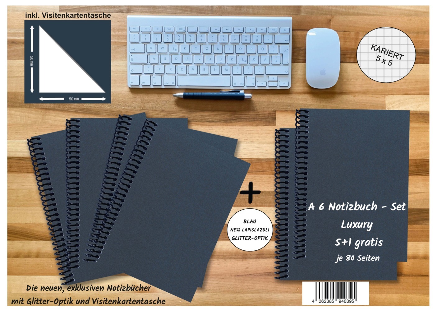 A 6 Notizbuch - Set 4+2 gratis Luxury 80 Seiten BLAU NEW LAPISLAZULI GLITTER-OPTIK kariert 5x5mm