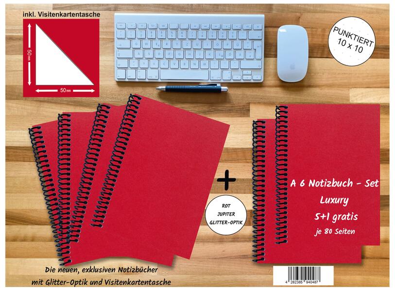 A 6 Notizbuch - Set 4+2 gratis Luxury 80 Seiten ROT JUPITER GLITTER-OPTIK punktiert 10x10mm