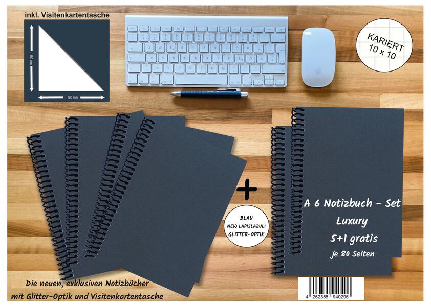 A 6 Notizbuch - Set 4+2 gratis Luxury 80 Seiten BLAU NEW LAPISLAZULI GLITTER-OPTIK kariert 10x10m