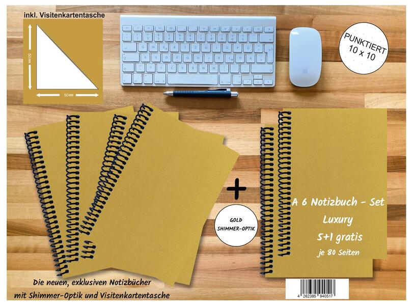 A 6 Notizbuch - Set 4+2 gratis Luxury 80 Seiten GOLD GMUND SHIMMER punktiert 10x10mm