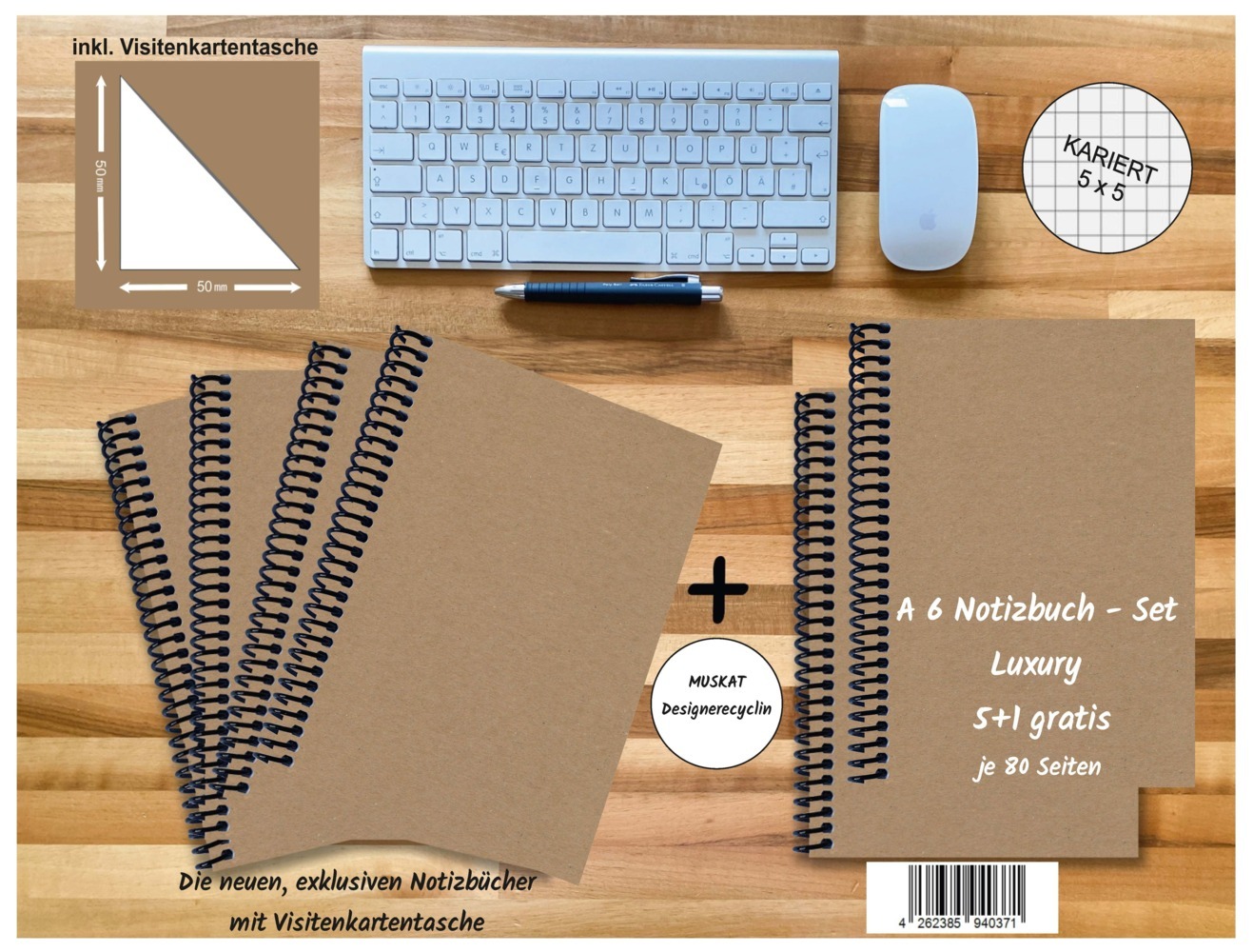 A 6 Notizbuch - Set 4+2 gratis Luxury 80 Seiten MUSKAT Designerecycling kariert 5x5mm