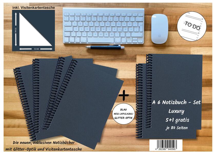 A 6 Notizbuch - Set 4+2 gratis Luxury 80 Seiten BLAU NEW LAPISLAZULI GLITTER-OPTIK to do