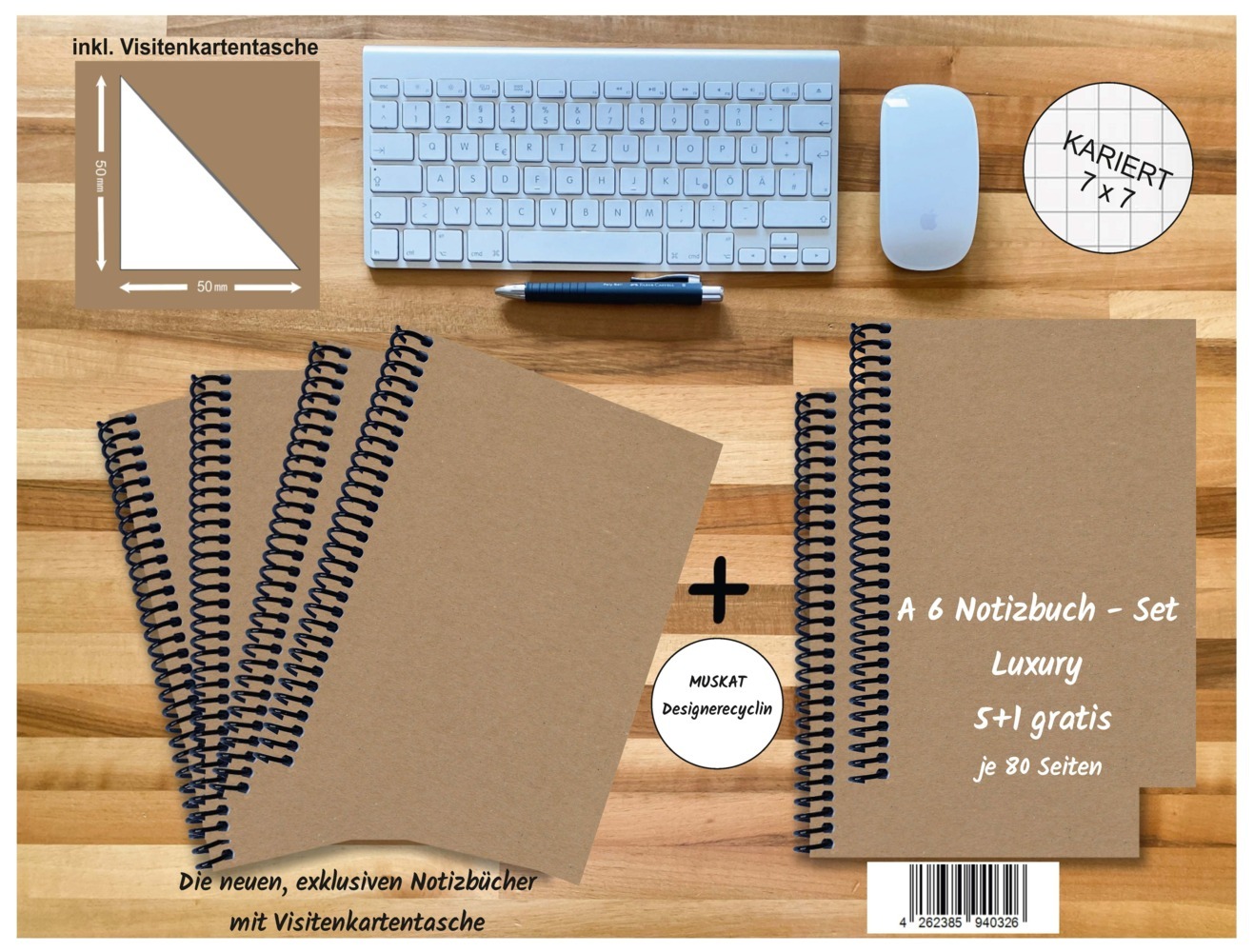 A 6 Notizbuch - Set 4+2 gratis Luxury 80 Seiten MUSKAT Designerecycling kariert 7x7mm