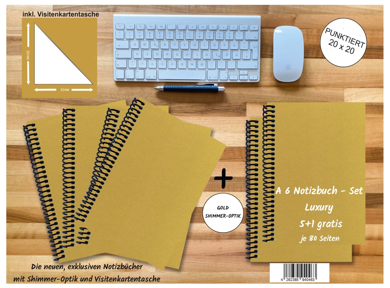 A 6 Notizbuch - Set 4+2 gratis Luxury 80 Seiten GOLD GMUND SHIMMER punktiert 20x20mm