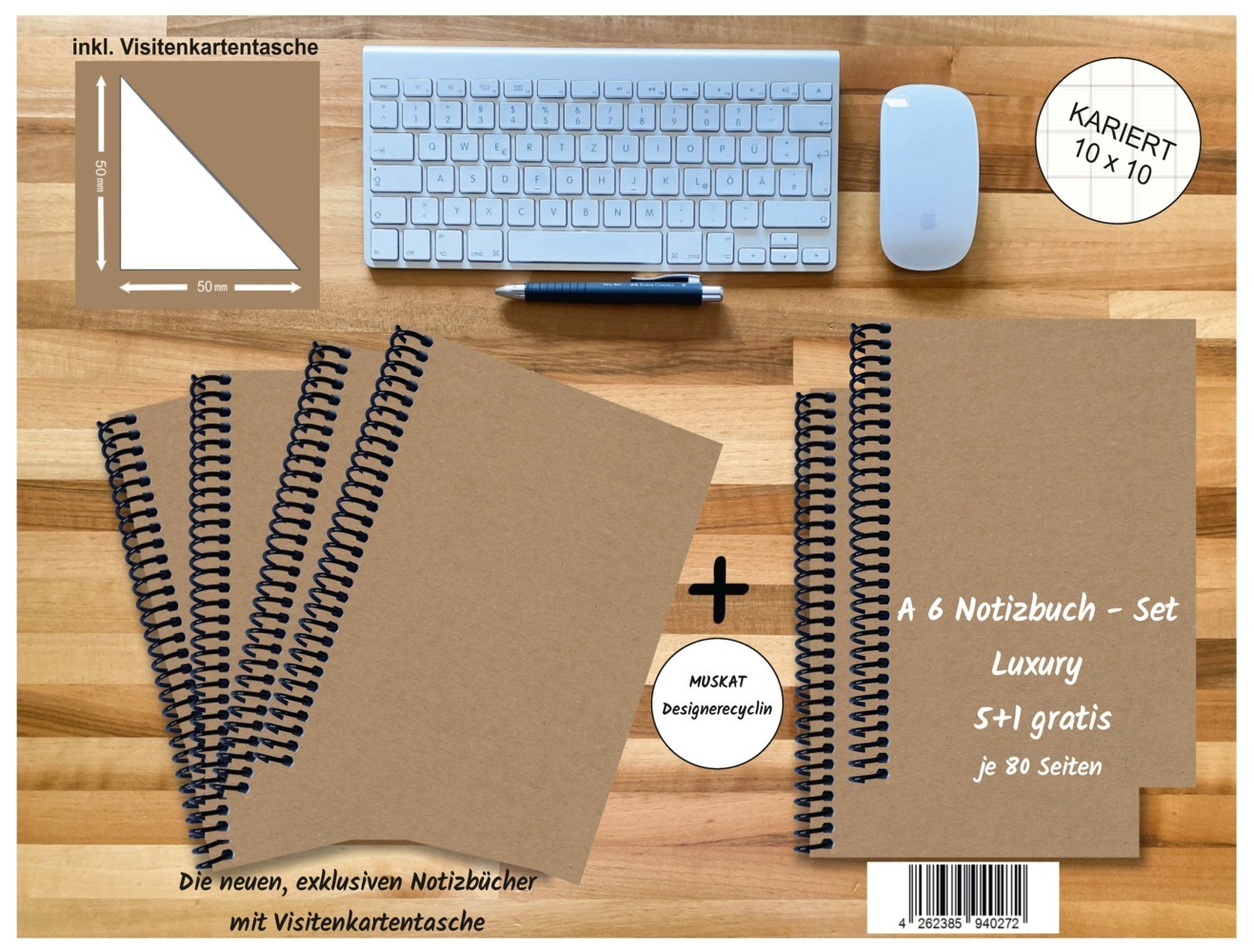 A 6 Notizbuch - Set 4+2 gratis Luxury 80 Seiten MUSKAT Designerecycling kariert 10x10mm