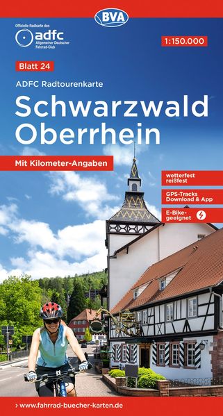 ADFC-Radtourenkarte 24 Schwarzwald Oberrhein 1:150.000 reiß- und wetterfest E-Bike geeignet GPS-Tracks Download mit Bett+Bike Symbolen mit Kilometer-Angaben