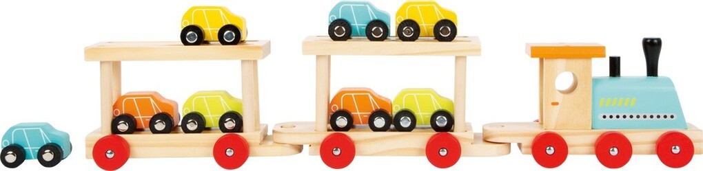 Image of Small foot 7006 - Holzeisenbahn Autozug mit zwei Waggons und 8 Autos Holz 11-teilig 52x7x15cm