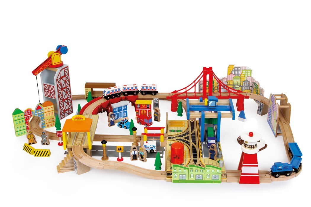 Image of Small foot 8553 - Holzeisenbahn-Set Hafen play & fun Starterset-Spielset Holz 100-teilig aufgebaut ca. 106x76x30cm
