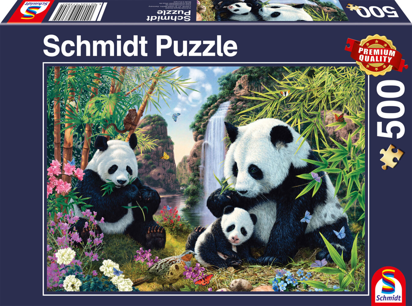 Pandafamilie am Wasserfall