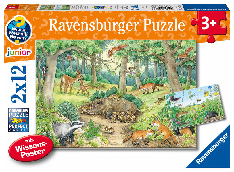 Ravensburger Kinderpuzzle - 05673 Tiere im Wald und auf der Wiese - 2x12 Teile + Wissensposter Wieso? Weshalb? Warum? Puzzle für Kinder ab 3 Jahren