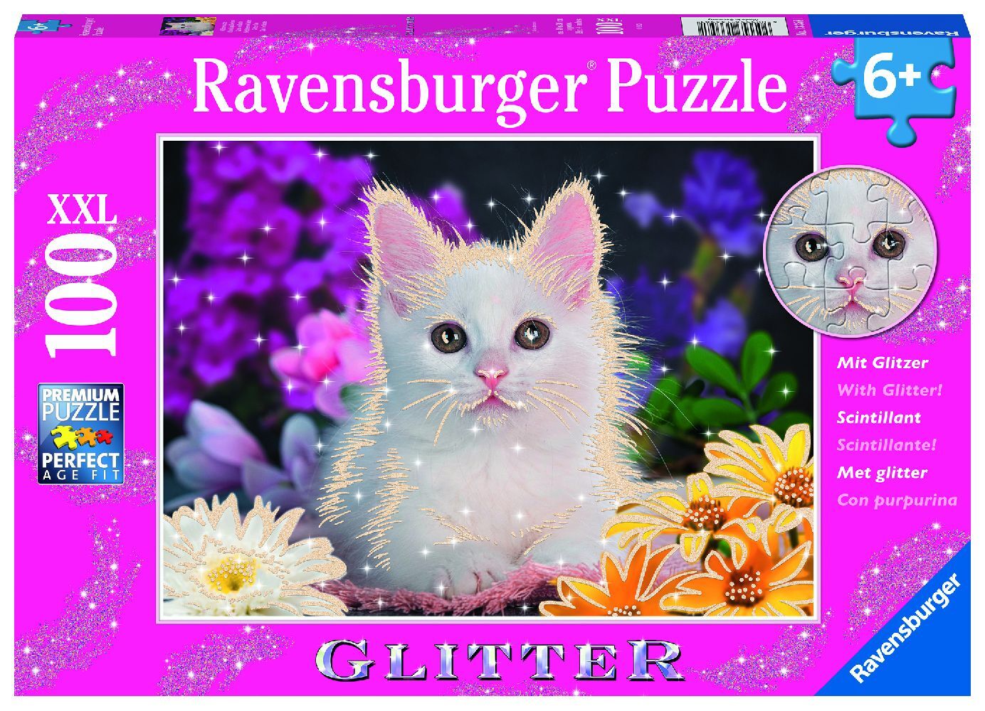 Ravensburger Kinderpuzzle - 13358 Glitzerkatze - 100 Teile Glitzerpuzzle für Kinder ab 6 Jahren mit Glitter