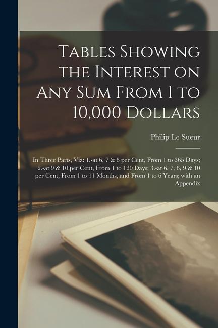 Tables Showing the Interest on Any Sum From 1 to 10000 Dollars [microform]: in Three Parts Viz: 1.-at 6 7 & 8 per Cent From 1 to 365 Days; 2.-at 9