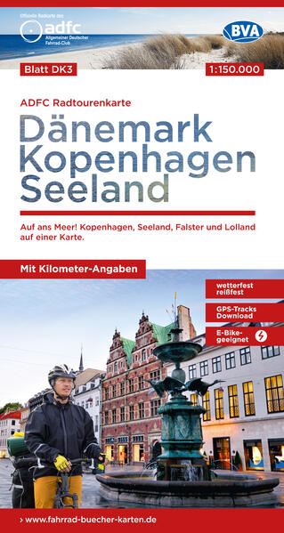 ADFC-Radtourenkarte DK3 Dänemark/Kopenhagen/Seeland 1:150.000 reiß- und wetterfest E-Bike geeignet mit GPS-Tracks Download mit Bett+Bike Symbolen mit Kilometer-Angaben