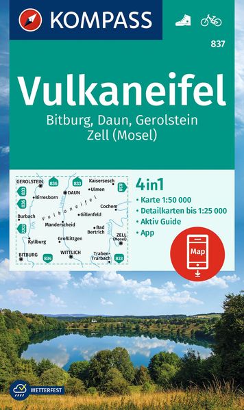 KOMPASS Wanderkarte 837 Vulkaneifel Bitburg Daun Gerolstein Zell (Mosel) 1:50.000