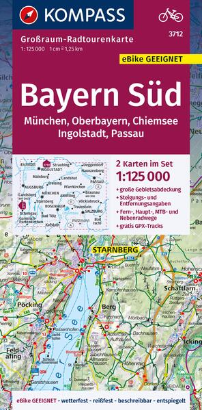 KOMPASS Großraum-Radtourenkarte 3712 Bayern Süd Oberbayern Chiemsee Ingolstadt Passau München 1:125.000
