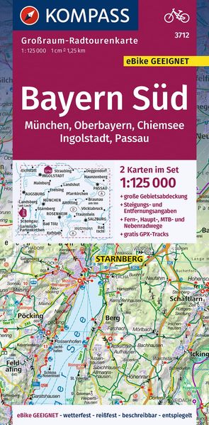 KOMPASS Großraum-Radtourenkarte 3712 Bayern Süd Oberbayern Chiemsee Ingolstadt Passau München 1:125.000