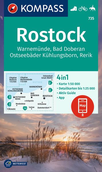 KOMPASS Wanderkarte 735 Rostock Warnemünde Bad Doberan Ostseebäder Kühlungsborn Rerik 1:50.000