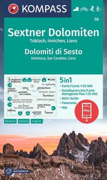 Kompass Karten GmbH Kompass Wanderkarte 58 Sextner Dolomiten Toblach Innichen Lienz / Dolomit Di Sesto Dobbiaco San Candido Lienz 1, 50.000