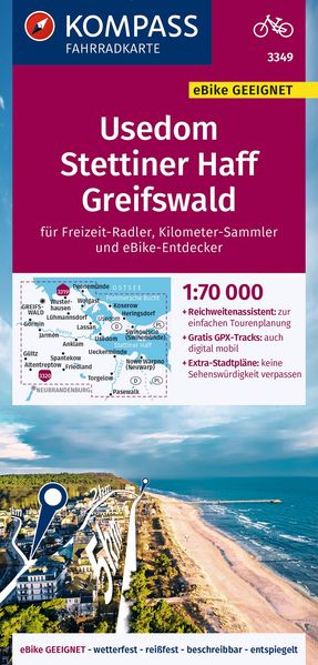 KOMPASS Fahrradkarte 3349 Usedom Stettiner Haff Greifswald 1:70.000