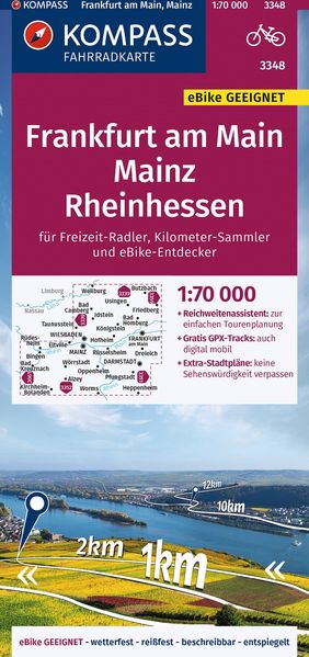 KOMPASS Fahrradkarte 3348 Frankfurt a.M. Mainz Rheinhessen 1:70.000