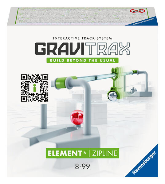 Ravensburger GraviTrax Element Zipline -Zubehör für das Kugelbahnsystem. Kombinierbar mit allen GraviTrax Produktlinien Starter-Sets Extensions & Elements Konstruktionsspielzeug ab 8 Jahren.