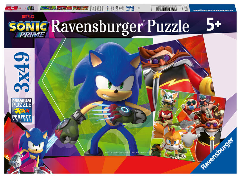 Ravensburger Kinderpuzzle 05695 - Die Abenteuer von Sonic - 3x49 Teile Sonic Prime Kinderpuzzle für Kinder ab 5 Jahren
