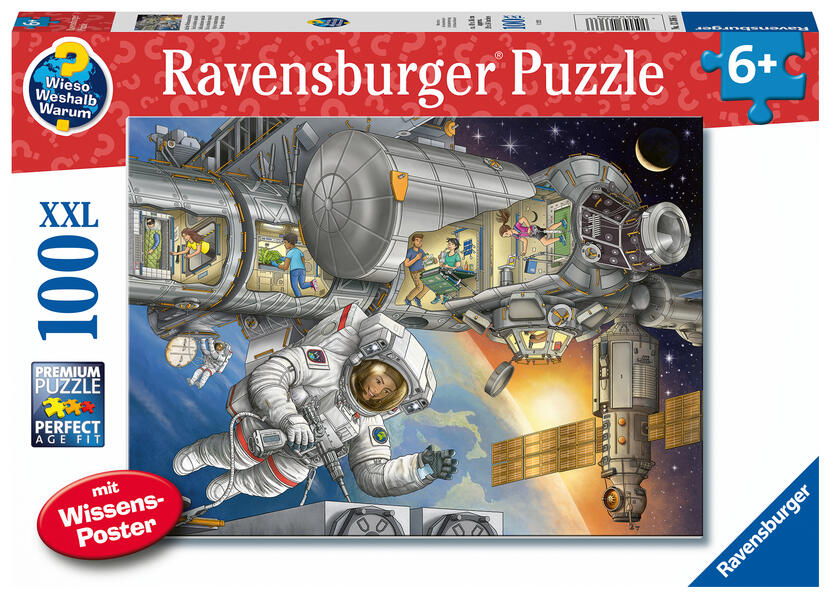 Ravensburger Kinderpuzzle 13366 - Auf der Weltraumstation - Wieso? Weshalb? Warum? Puzzle 100 Teile XXL + Wissensposter für Weltraumfans ab 6 Jahren