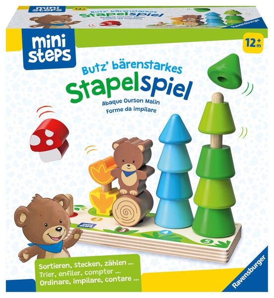 Ravensburger ministeps 4580 Butz‘ bärenstarkes Stapelspiel Stapelbrett aus Holz mit Türmchen von 1-5 Teilen Baby-Spielzeug ab 1 Jahr