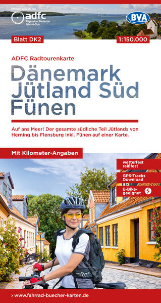 ADFC-Radtourenkarte DK2 Dänemark/Jütland Süd/ Fünen 1:150.000 reiß- und wetterfest E-Bike geeignet GPS-Tracks Download mit Bett+Bike Symbolen mit Kilometer-Angaben