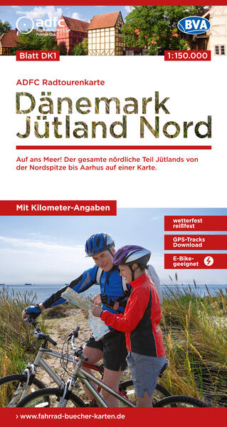 ADFC-Radtourenkarte DK1 Dänemark/Jütland Nord 1:150.000 reiß- und wetterfest E-Bike geeignet GPS-Tracks Download mit Bett+Bike Symbolen mit Kilometer-Angaben