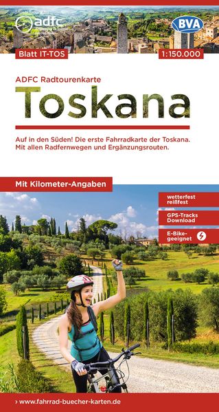 ADFC-Radtourenkarte IT-TOS Toskana 1:150.000 reiß- und wetterfest E-Bike geeignet GPS-Tracks Download mit Bett+Bike Symbolen mit Kilometer-Angaben