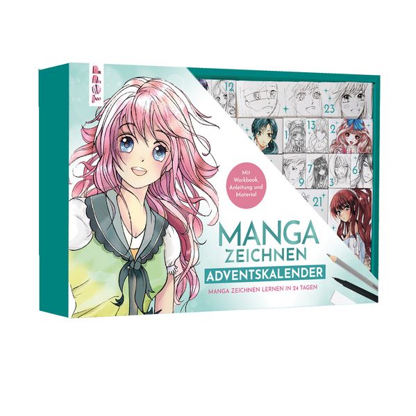 Manga zeichnen Adventskalender - Manga zeichnen lernen in 24 Tagen. Mit Anleitungsbuch Workbook und Zeichenmaterial