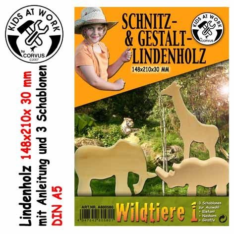 Corvus A600580 - Kids-at-Work Wildtiere 1-Groß (Elefant/Nashorn/Giraffe) Schnitz- & Gestalt-Lindenholz A5/30mm