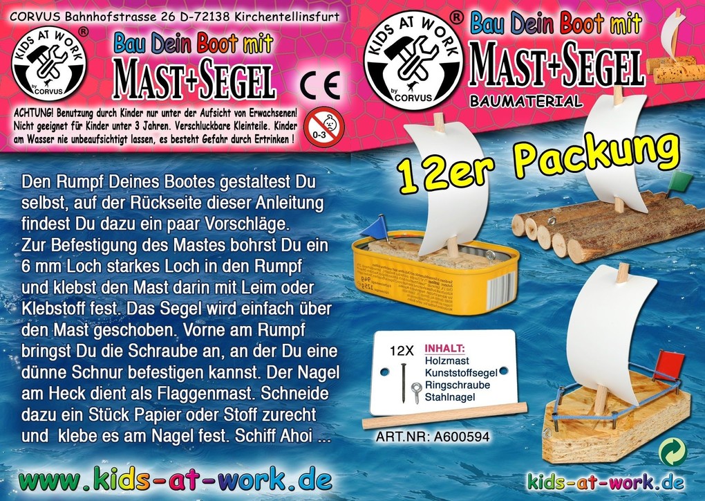 Corvus A600594 - Kids-at-Work Masten+Segel 12er Zubehör-Set zum Boote-Bau