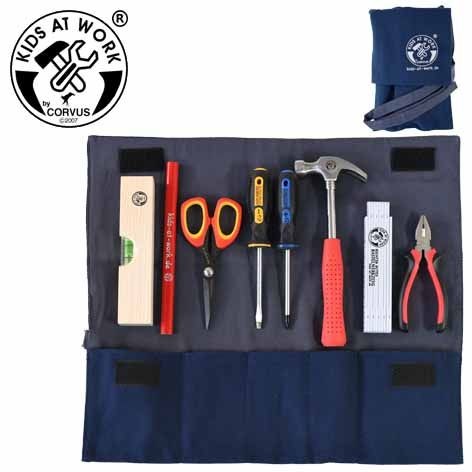 Corvus A600356 - Kids-at-Work Werkzeugrolle groß Set01 (mit Werkzeug) Werkzeugtasche mit 5 Fächer Stoff blau 20x37cm