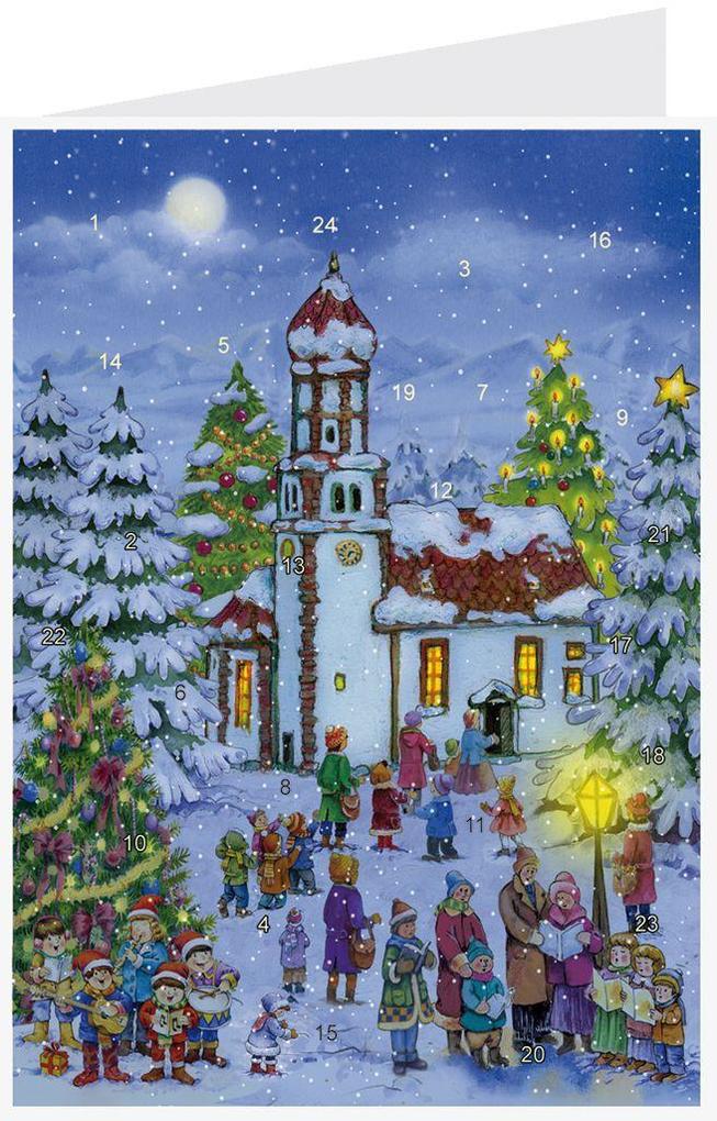 Postkarten-Adventskalender 'Heilig Abend an der Kirche'