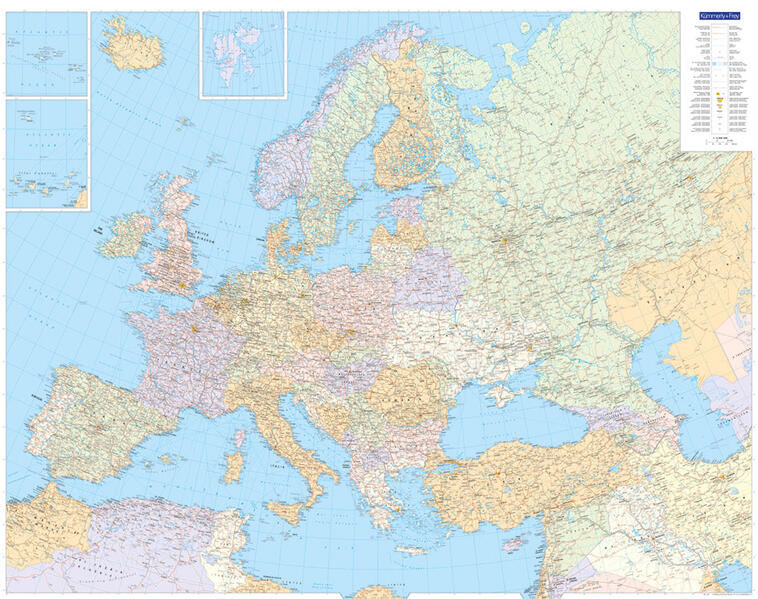 Europakarte politisch Poster 1:45 Mio. Plano gerollt in Röhre 126 x 996 cm