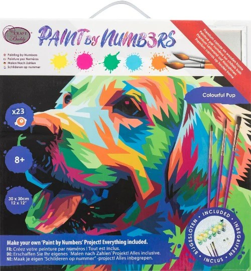 Craft Buddy PBN-3030-017 - Paint by Numbers Colourful Pup Bunter Welpe 30x30cm Malen-nach-Zahlen