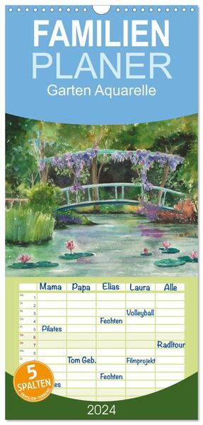 Familienplaner 2024 - Garten Aquarelle mit 5 Spalten (Wandkalender 21 x 45 cm) CALVENDO