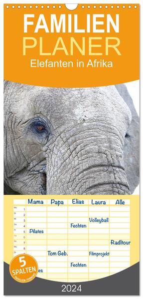 Familienplaner 2024 - Elefanten in Afrika mit 5 Spalten (Wandkalender 21 x 45 cm) CALVENDO