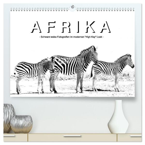 AFRIKA - Schwarz-weiss Fotografien im modernen High Key Look (hochwertiger Premium Wandkalender 2024 DIN A2 quer) Kunstdruck in Hochglanz