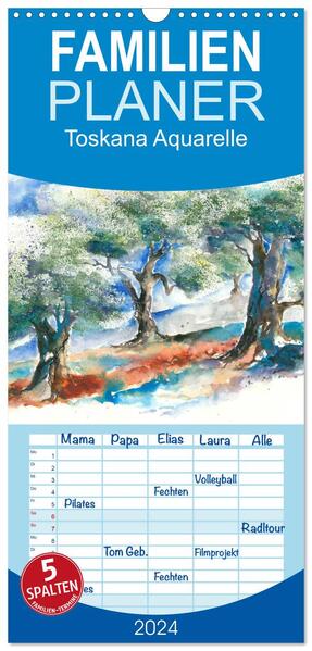 Familienplaner 2024 - Toskana Aquarelle mit 5 Spalten (Wandkalender 21 x 45 cm) CALVENDO