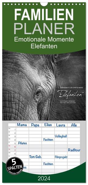 Familienplaner 2024 - Emotionale Momente: Elefanten in black & white mit 5 Spalten (Wandkalender 21 x 45 cm) CALVENDO