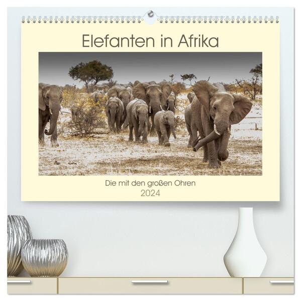 Elefanten in Afrika - Die mit den großen Ohren (hochwertiger Premium Wandkalender 2024 DIN A2 quer) Kunstdruck in Hochglanz